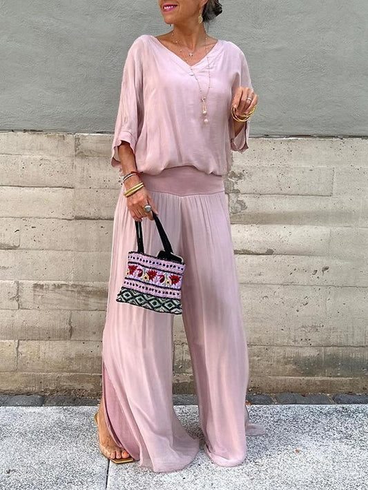 💟Set de pantaloni eleganți din sifon cu picior larg din două piese✨✨