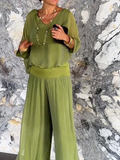 💟Set de pantaloni eleganți din sifon cu picior larg din două piese✨✨