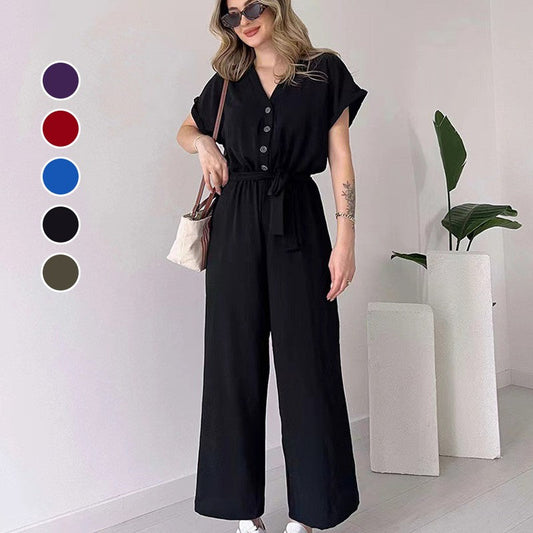 💖Femeii V-Neck cu mânecă scurtă Casual Jumpsuit