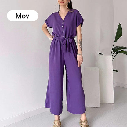 💖Femeii V-Neck cu mânecă scurtă Casual Jumpsuit