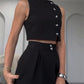 Costum elegant din două piese pentru femei (top fără mâneci și pantaloni cu talie înaltă)