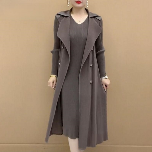 Moda plisat Suit guler fals două piese Trench Coat