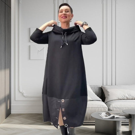 Rochie hanorac cu cordon, cu crăpătură patchwork și buton