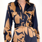 💕Belted Lapel Long Sleeve Printed Rochii pentru femei💃