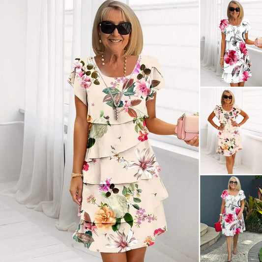 🌸 Rochie în cascadă cu imprimare florală în mai multe plante
