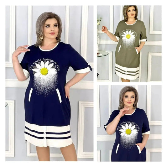 👗Rochie cu gât rotund și buzunar imprimat