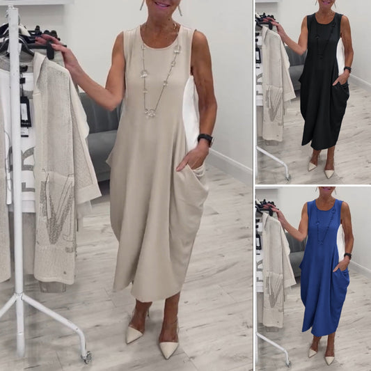 👗Rochie dreaptă din in fără mâneci, cu buzunare