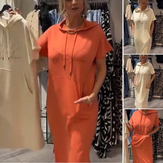 💖Rochie lungă solidă cu glugă și mâneci scurte pentru femei