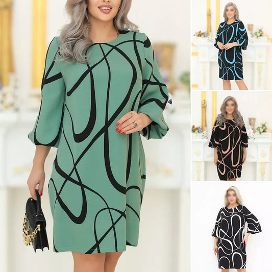 ✨ Rochie imprimată cu mânecă șapte sferturi și gât rotund