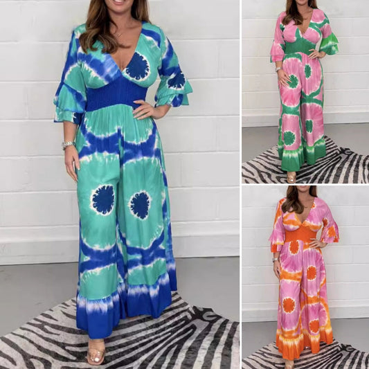 Salopetă cu picior lat imprimată Tie-dye