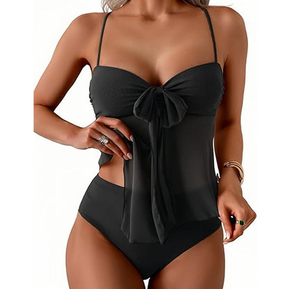 👙 Síťovaná tankini sada – zavazování vpředu a vysoký pas, tvarující břicho | Francouzské retro plavky ☀️🎀🌊